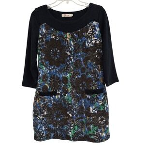 Aryeh By Anthropologie Floral Knit Tunic Dress Black Blue Brown 3/4 Sleeve Sz L